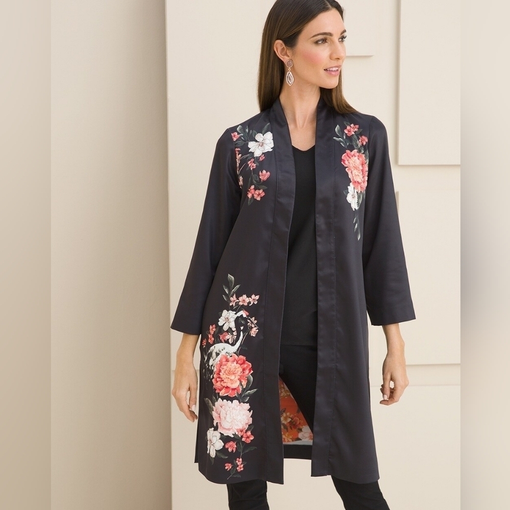 NWT Chico's Black Floral Beaded Embellished Duster Floral 1P Medium Petite $169